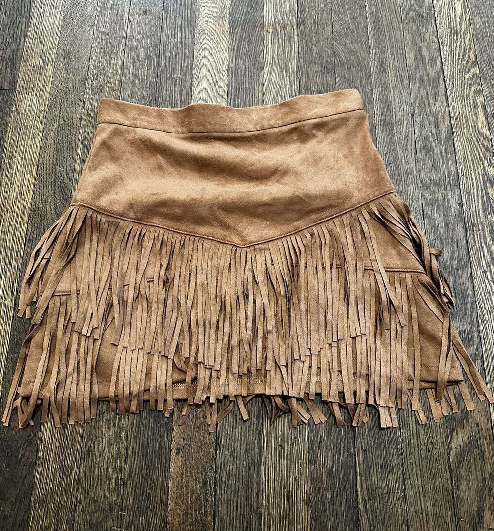Altar'd State Faux Suede Fringe Mini Skirt Size L Western Boho Cowboy Festival